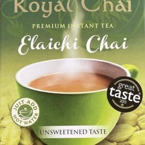 Green box of Royal Chai Elaichi Chai tea with a steaming cup and 'Unsweetened Taste' label. - Royal Chai Elaichi Unsweetened 180 G