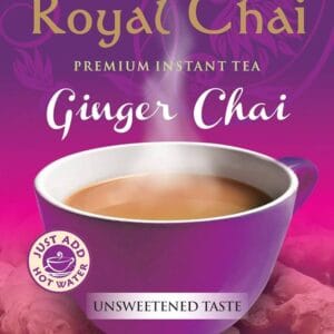 Royal Chai Ginger Chai premium instant tea package with a steaming purple cup and a 'Just add hot water' badge on a purple background. - Royal Chai Ginger Unsweetened 200 G