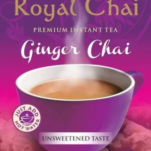 Royal Chai Ginger Chai premium instant tea package with a steaming purple cup and a 'Just add hot water' badge on a purple background. - Royal Chai Ginger Unsweetened 200 G