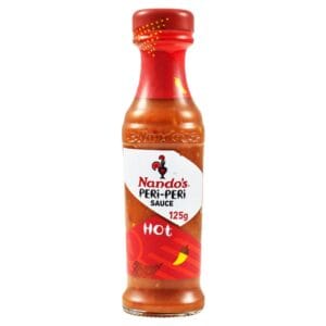 Nando's Peri-Peri Sauce bottle, hot flavor, 125g, with red label and rooster logo. - Nandos Sauce Peri-Peri Hot 125ml