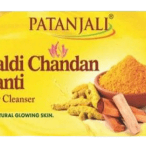 Patanjali Haldi Chandan Kanti Body Cleanser package with turmeric and sandalwood image, 45 g, for natural glowing skin - Patanjali Soap Somya Haldi Chandan 75Gm
