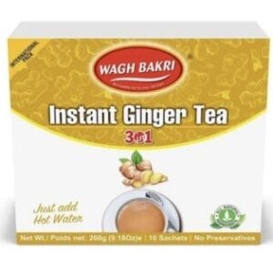 Wagh Bakri Instant Ginger Tea 3-in-1 box with a ginger root illustration and cup image beneath. - Brook Bond Tea Taj Mahal 250Gm