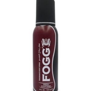 Red body spray bottle with a black cap, labeled 'FOGG' in white letters and 'Fresh Fougere' fragrance; contains 4 fl oz (120 ml). - Fogg Deodrant Black Fresh Fouger(Men) 120ml