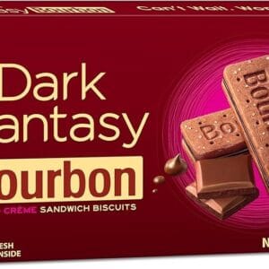 Dark Fantasy Bourbon chocolate sandwich biscuits box, red packaging with gold text and biscuit images, four packs inside - Dark Fentasy Bourbon Choco Cream 400gm