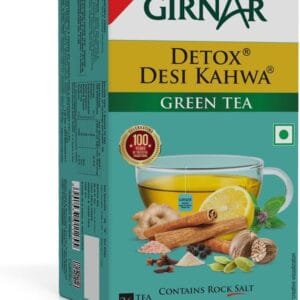 Box of Girnar Detox Desi Kahwa Green Tea with lemon and spices on the front, 36 tea bags; new pack packaging labeled 'Contains rock salt' and decorative seal. - Girnar Detox Green Tea Bags 10bags