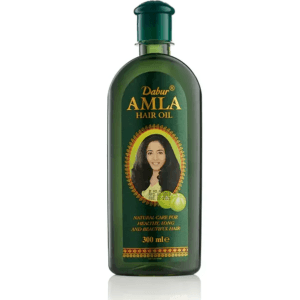 Green Dabur Amla Hair Oil bottle with a gold-label front showing a woman's portrait and 300 ml capacity - Dabur Amla Hair Oil 300ml