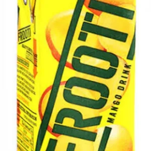 Yellow FROOTI Mango Drink carton with bold green logo and mango images on packaging, bright and eye-catching. - Frooti Mango (Tetra Pack) 150ml