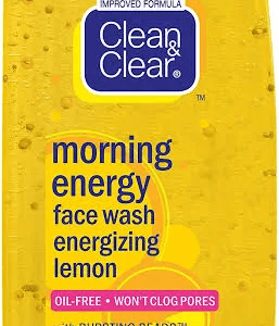Yellow bottle of Clean & Clear Morning Energy face wash with energizing lemon, oil-free and non-clogging pores; shows bursts beads on labeled design. - Clean & Clear Lemon Facewash 100ml