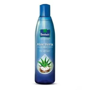 Parachute Advanded Aloe Vera Enriched Coconut Hair Oil bottle for soft hair, with coconut and aloe graphic on blue bottle - Parachute Adv Aloe Vera Hair Oil 150ml