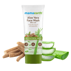 Mamaearth Aloe Vera Face Wash tube with aloe vera leaves and slices around it; packaging reads 'For Youthful Glow' and mentions Aloe Vera and Ashwagandha. - Mamaearth Aloe Vera Face wash 100ml