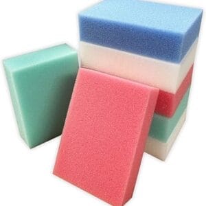 Set of colorful kitchen sponges stacked together (pink, green, blue, white). - Coral Bath Sponges 7pk