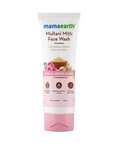 Mamaearth Multani Mitti Face Wash tube with pink cap, for oil control and acne.