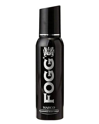 Black cylindrical body spray bottle labeled 'FOGG' with 'Marco Fragrance Body Spray' at the bottom.