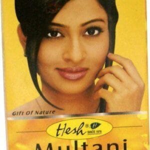 Yellow box packaging for Hesh Multani natural skin cleanser, featuring a woman's portrait on the front. - Hesh Multani Mati Powder 100gm