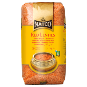 Package of Natco Red Lentils (1 kg) with a bowl of red lentils on the front label. - Natco Red Lentils Polised 1 Kg