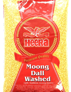 Front of a Heera Premium Quality Moong Dal Washed package containing yellow split mung beans, with red label and gold accents. - Heera Moong Dal Washed 2Kg