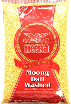 Front of a Heera Premium Quality Moong Dal Washed package containing yellow split mung beans, with red label and gold accents. - Heera Moong Dal Washed 2Kg
