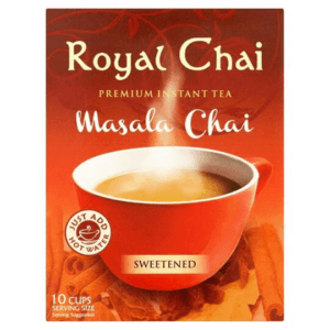 Box of Royal Chai Masala Chai with a steaming red cup; labeled Sweetened, serving 10 cups (serving suggestion). - Royal Chai Masala Sweetened 220 G