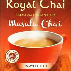 Front of Royal Chai Masala Chai unsweetened instant tea box with a steaming cup of tea and bold red packaging. - Royal Chai Masala Unsweetened 180 G