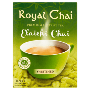 Green Royal Chai Elaichi Chai cartons package showing a steaming cup of tea; text reads 'Royal Chai', 'Elaichi Chai', 'Sweetened'; 'Just add hot water' icon; 10 cups serving size. - Royal Chai Elaichi Sweetened 220 G