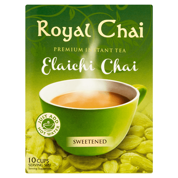 25991346ProductImgpng - Namaste Bazaar Green Royal Chai Elaichi Chai cartons package showing a steaming cup of tea; text reads 'Royal Chai', 'Elaichi Chai', 'Sweetened'; 'Just add hot water' icon; 10 cups serving size. - Royal Chai Elaichi Sweetened 220 G
