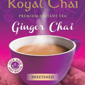 Purple Royal Chai Ginger Chai premium instant tea package with a cup of tea, labeled Sweetened, 10 servings. - Royal Chai Ginger Sweetened 200 G