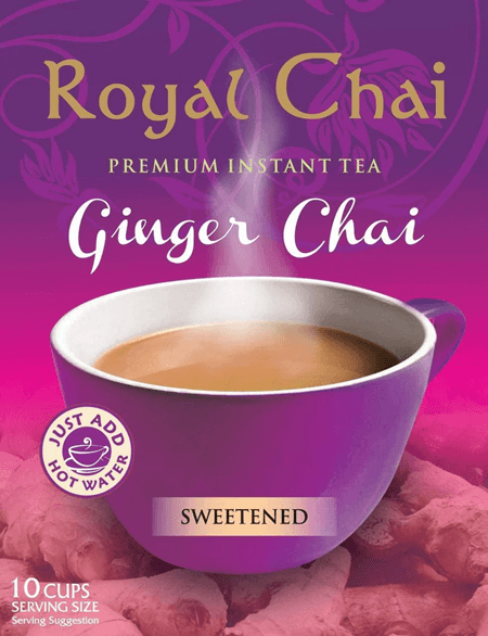 25991348ProductImgpng - Namaste Bazaar Purple Royal Chai Ginger Chai premium instant tea package with a cup of tea, labeled Sweetened, 10 servings. - Royal Chai Ginger Sweetened 200 G