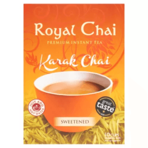Box of Royal Chai Karak Chai premium instant tea, sweetened, featuring a cup of hot tea on an orange, floral package. - Royal Chai Karak Sweetened 200 G