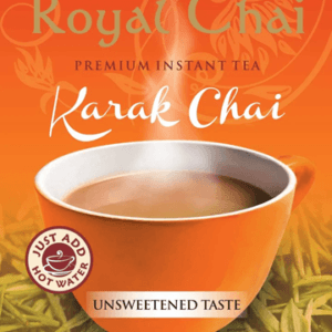 Royal Chai Karak Chai premium instant tea package with a steaming orange cup; labels read 'Just add hot water' and 'Unsweetened taste' - Royal Chai Karak Unsweetened 140 G