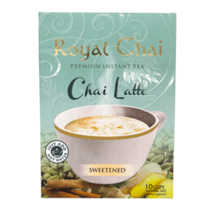 Box of Royal Chai Premium Instant Tea Chai Latte, Sweetened; shows a cup of chai latte with a 'Just add hot water' badge on a turquoise package. - Royal Chai Latte Sweetened 220 G