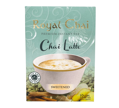 25991355ProductImgpng - Namaste Bazaar Box of Royal Chai Premium Instant Tea Chai Latte, Sweetened; shows a cup of chai latte with a 'Just add hot water' badge on a turquoise package. - Royal Chai Latte Sweetened 220 G