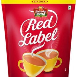 Pouch of Brooke Bond Red Label tea with two steaming yellow cups in front, packaging bright red and yellow. - Brook Bond Tea Red Label 1Kg