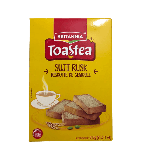 25991740ProductImgpng - Namaste Bazaar Box of Britannia Toast Tea Suji Rusk biscuits on bright yellow packaging, showing stacked rusks and a steaming cup of tea. - Britannia Toastea Suji Rusk 610G
