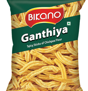 Bikano Ganthiya spicy chickpea flour sticks snack in a green bag - Bikano Gathiya 150Gm