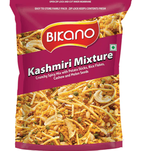 Bikano Kashmiri Mixture snack bag with crunch spicy mix of potato sticks, rice flakes, cashews and melon seeds. - Bikano Kashmiri Mixture 200G