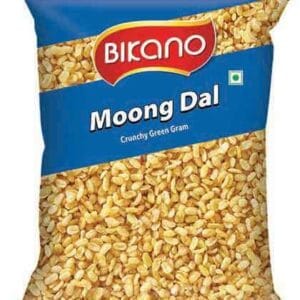 Biano Moong Dal bag with blue label; transparent window shows yellow split mung beans (crunchy green gram) as a food product. - Bikano Moong Dal Plain 200G