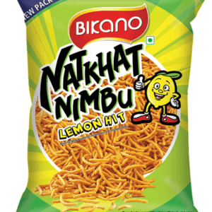 Bright green and yellow Bikano Nakhat Nimbu Lemon Hit snack bag with a cartoon lemon character giving a thumbs up and a bowl of crunchy sticks - Bikano Natkhat Nimbu 125G