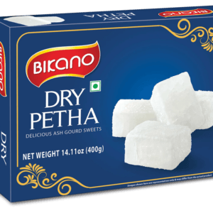 Blue box of Bikano Dry Petha with white petha cubes on the right and gold decorative accents. - Bikano Dry Plain Petha 400Gm