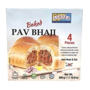 Box of Ashoka Baked Pav Bhaji, 4 pieces, showing baked buns with a plate of bhaji and onions in front. - Ashoka Baked Dabeli Pav 75G 4pcs