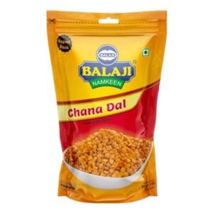 Bag of Balaji Namkeen Chana Dal snack with yellow and red packaging on a white background, showing a bowl of puffed chickpeas at the bottom - Balaji Chana Dal 400Gms