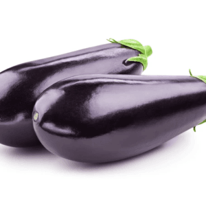 Two glossy purple eggplants with green stems on a white background. - Aubergine
