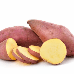 Purple-skinned potatoes with yellow flesh, some slices laid out on a white background. - Sweet Potato(1Kg)