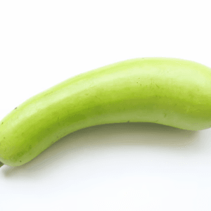 Light green curved bottle gourd on a white background, resting horizontally - Dudhi