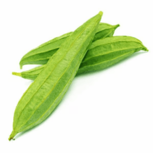 Three fresh green okra pods arranged on a white background. - Turiya / Kg