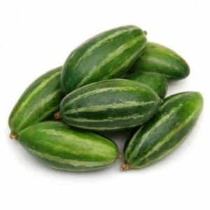 Cluster of small green-striped cucumbers on a white background, grouped together - Parval