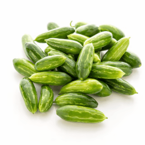 Pile of small, green striped cucumbers on a white background, fresh and ready to eat. - Tindora 500gm