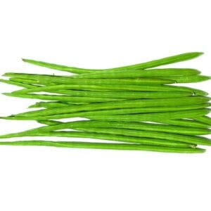 Pile of fresh green beans laid out on a white background. - Drumstick