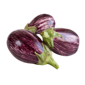 Three purple-striped eggplants on a white background. - Ravaya Stripe / 500Gm