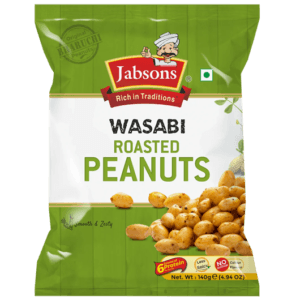 Bag of Jabsons Wasabi Roasted Peanuts with green-and-white packaging and logo, showing a pile of roasted peanuts on the front. - Jabsons Roasted Peanut Wasabi 140gm