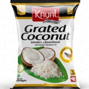 Nayal Grated Coconut bag featuring coconut halves and grated coconut on a green leaf, packaging label visible. - Kayali Hand Grated Coconut 454gm